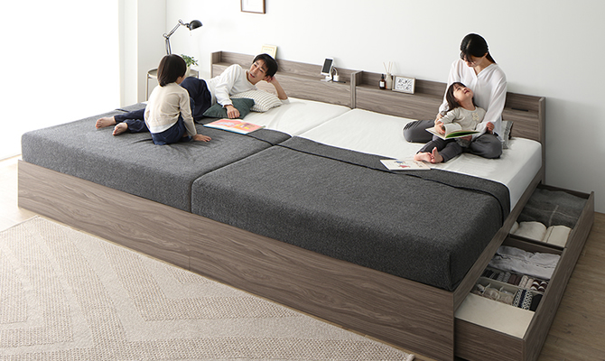 棚コンセント付き 引き出し収納 天然木調連結ファミリーベッド 【Ever X family】エヴァーエックスファミリー