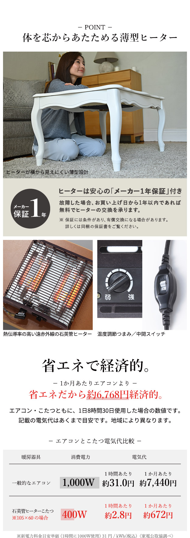 ヒーターは1年保証・こたつはエアコンより省エネで経済的
