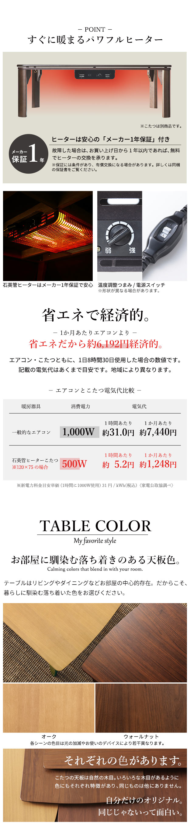 すぐに温まるパワフルヒーターは1年保証・こたつはエアコンより省エネで経済的