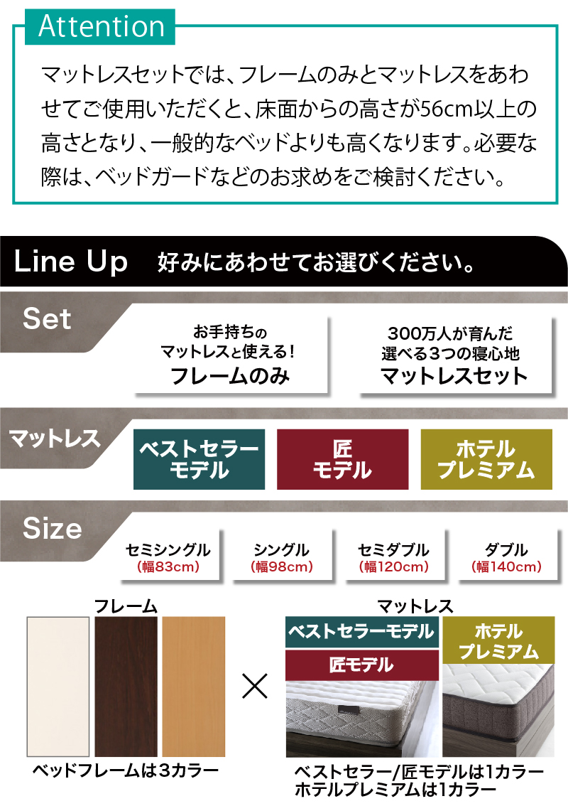 Attention マットレスセットでは床面からの高さが56cm以上になります Line Up 好みにあわせてお選びください