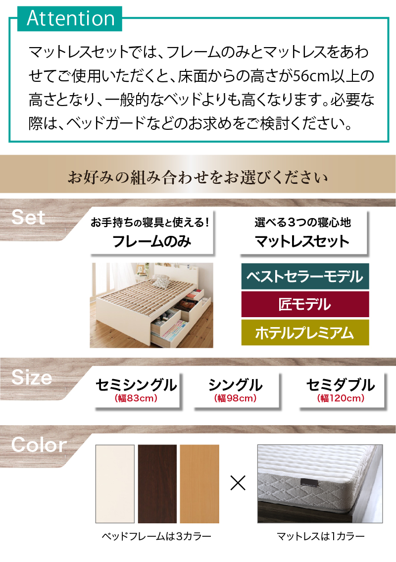 マットレスセットでは床面からの高さが56cm以上になります お好みの組み合わせをお選びください