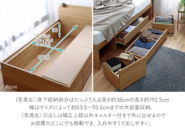 引出しは衣類などに最適、キャスター付きで開閉が楽です