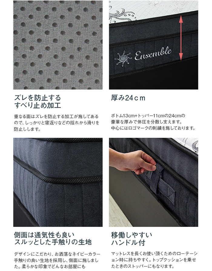 厚み24cmの2層ポケットコイルマットレス すべり止め加工 ハンドル付き 通気性の良い側面生地