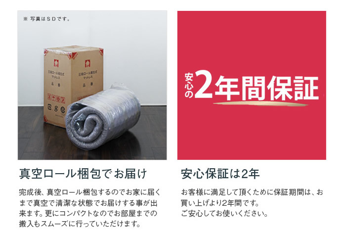真空ロール梱包でお届け 完成後、真空で清潔な状態のままお届け 安心の2年間保証