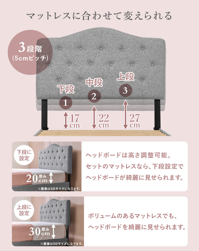 ヘッドボードはマットレスに合わせて高さ調整可能