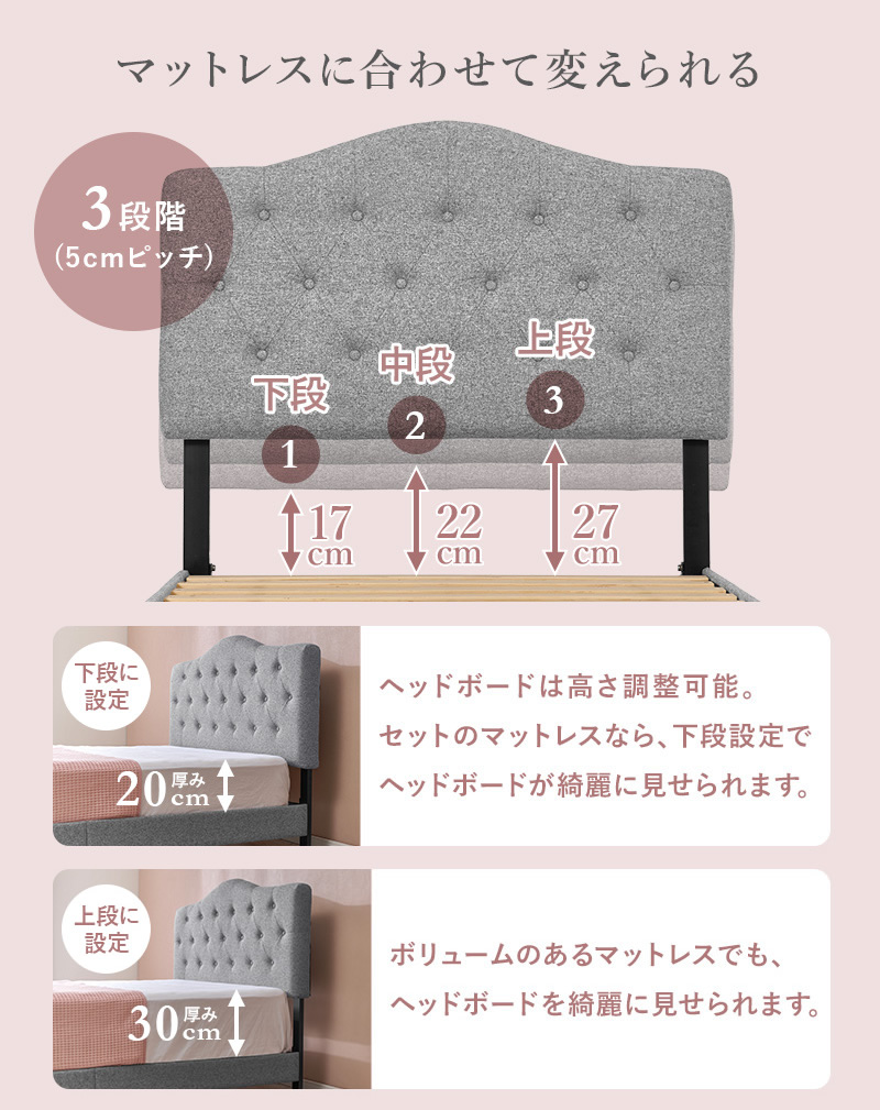 ヘッドボードはマットレスに合わせて高さ調整可能