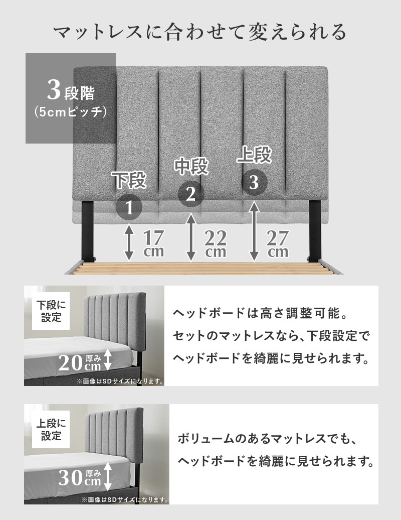 ヘッドボードはマットレスに合わせて高さ調整可能