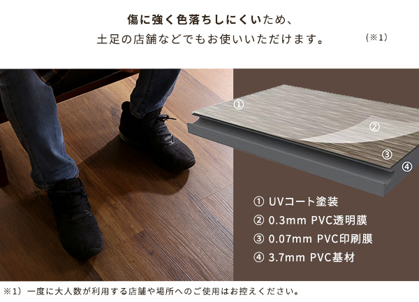 傷に強く色落ちしにくいので、土足など店舗でも可能