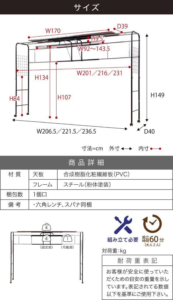 サイズ、耐荷重、詳細