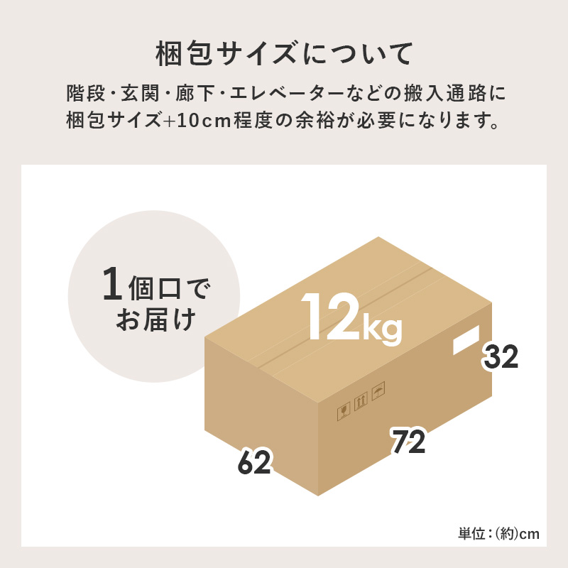 梱包サイズについて 階段・玄関・廊下・エレベーターなどの搬入通路に梱包サイズ＋10cm程度の余裕が必要になります。1個口でお届け 12kg 単位：（約）cm
