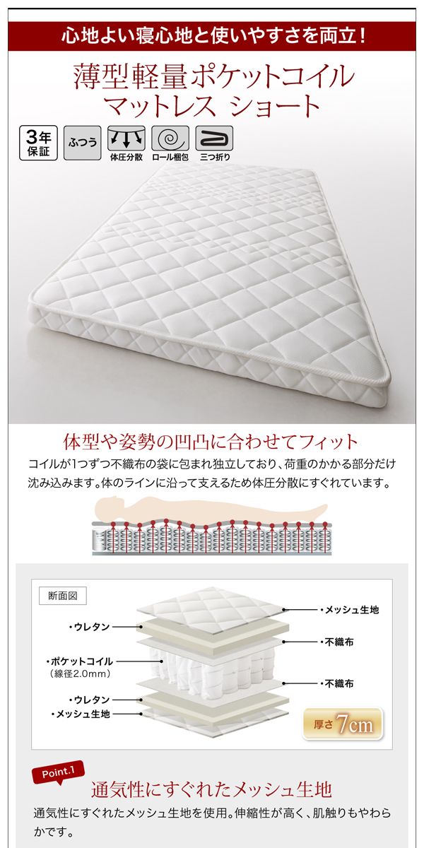 軽量薄型ポケットコイルマットレス　ショート丈