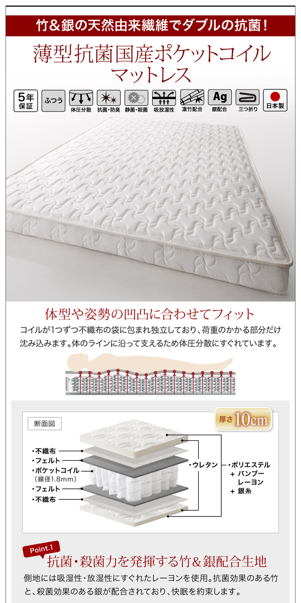 薄型抗菌国産ポケットコイルマットレス