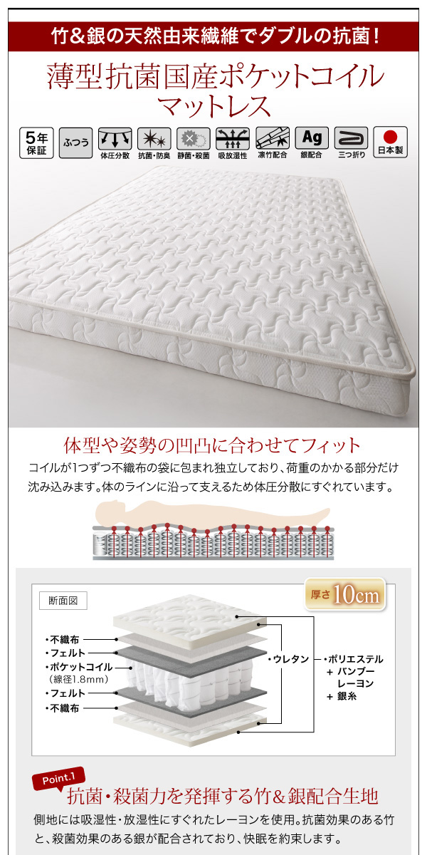 薄型抗菌国産ポケットコイルマットレス