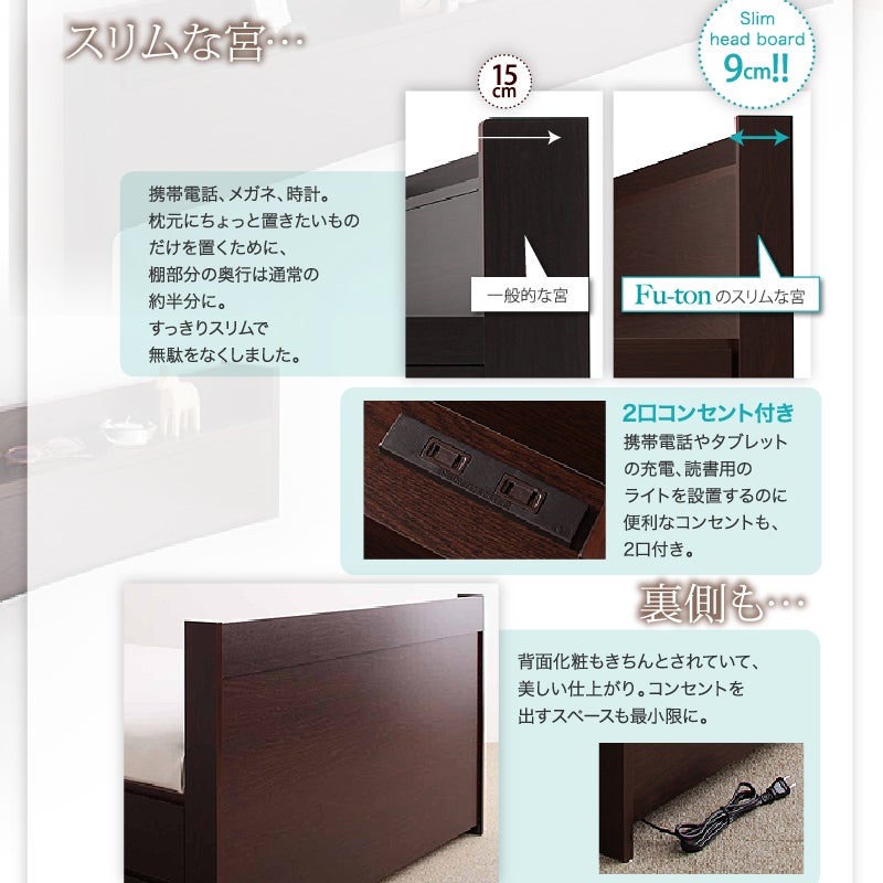 スリムな高さのヘッドボード 2口コンセント付き"