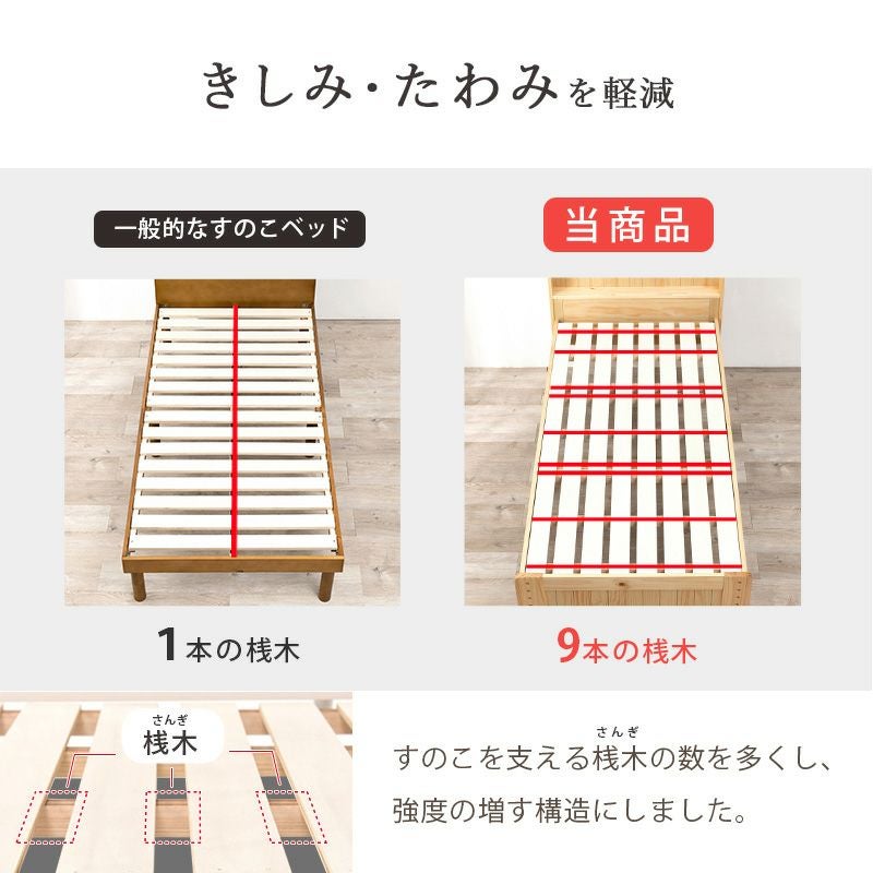 高さ3段階！棚・コンセント付カントリー調天然木すのこベッド セミ