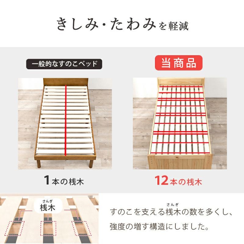 高さ3段階！棚・コンセント付カントリー調天然木すのこベッド