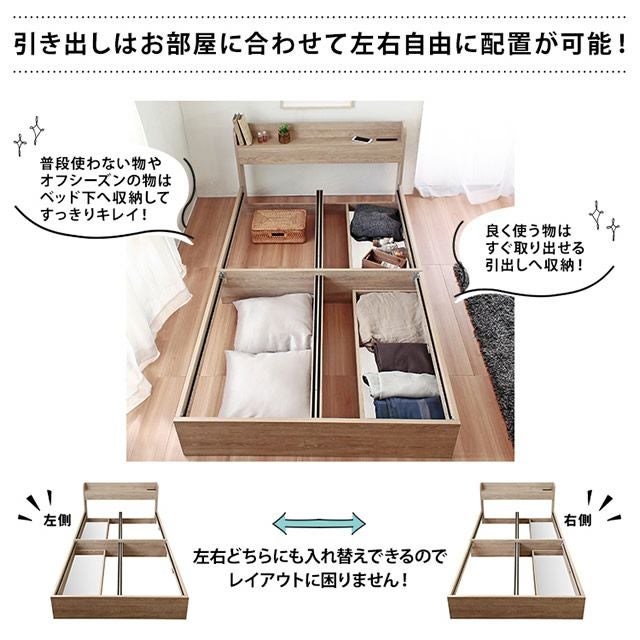 棚・USBコンセント付 引出し収納付きベッド 【Sucre】シュクレ｜激安
