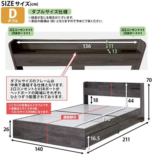 棚・USBコンセント付 引出し収納付きベッド 【Sucre】シュクレ｜激安