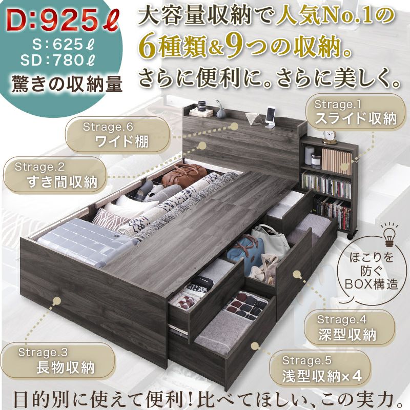天然木調スライド収納付き大容量チェストベッド 【Every-IN2】エブリー