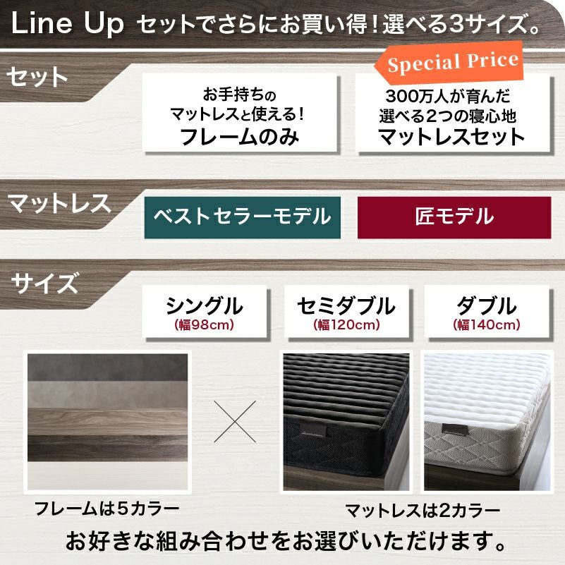 引き出し4杯 天然木調 大容量収納すのこチェストベッド【KASANE