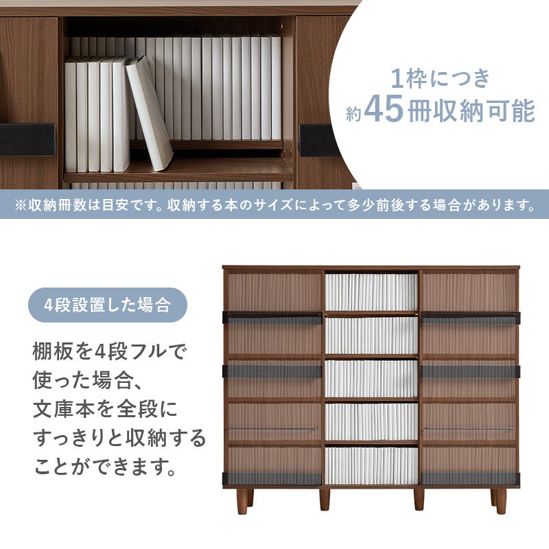 1枠につき約45冊収納可能 4段設置した場合 棚板を4段フルで使った場合、文庫本を全段にすっきりと収納することができます。