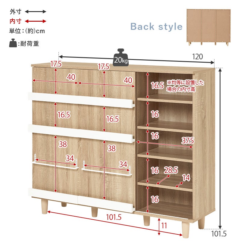 外寸・内寸 単位：（約）cm 耐荷重20kg Back style 幅101.5cm 高さ101.5cm 奥行37cm